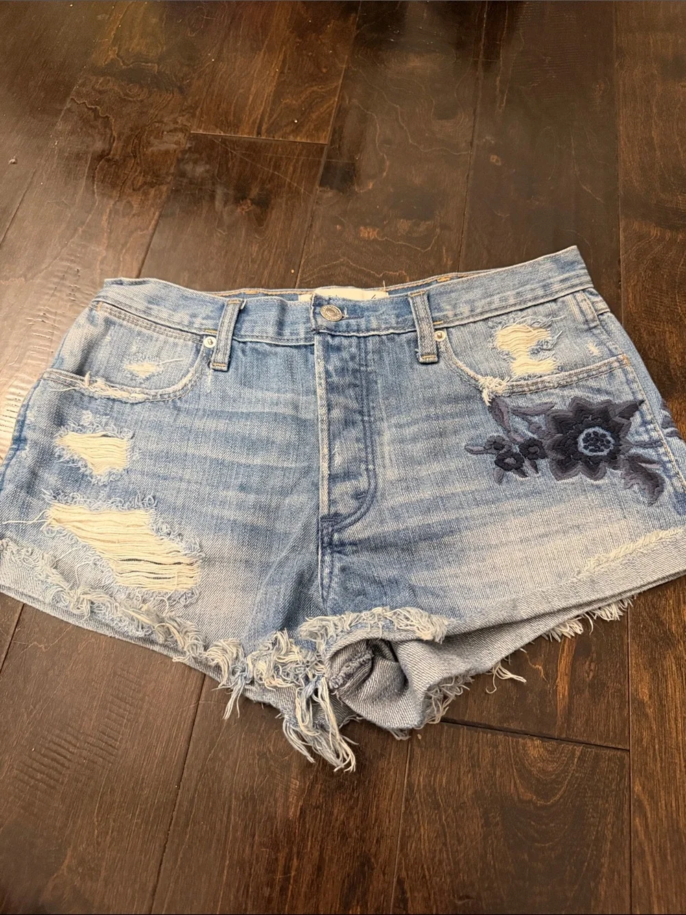 Abercrombie & Fitch Light Blue Distressed Denim Shorts with Floral Embroidery
